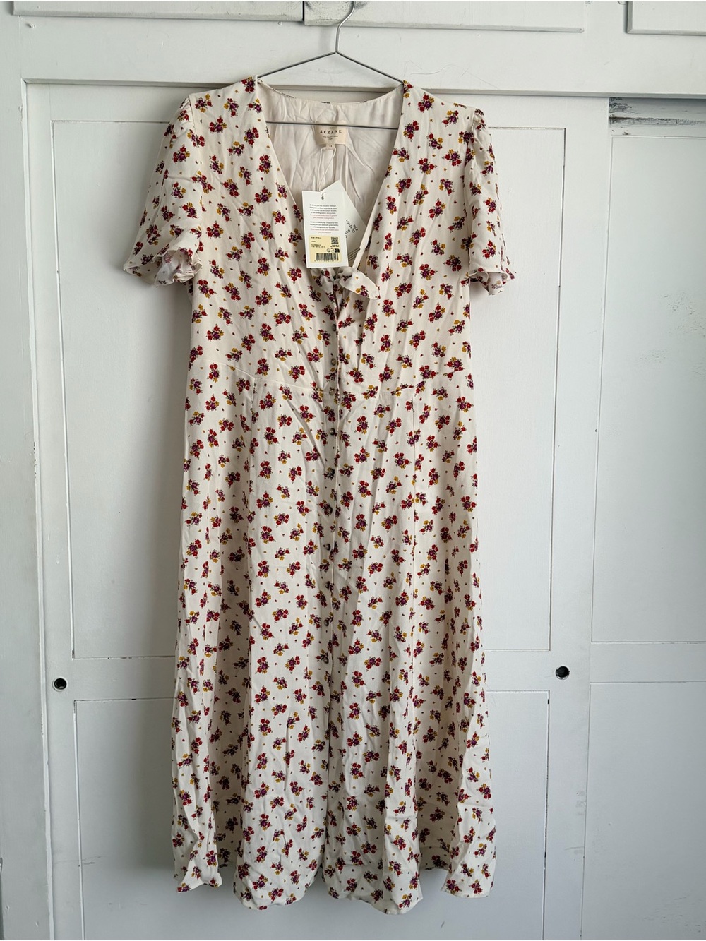 Floral Tie-Front Midi Dress in Cream with Red Print